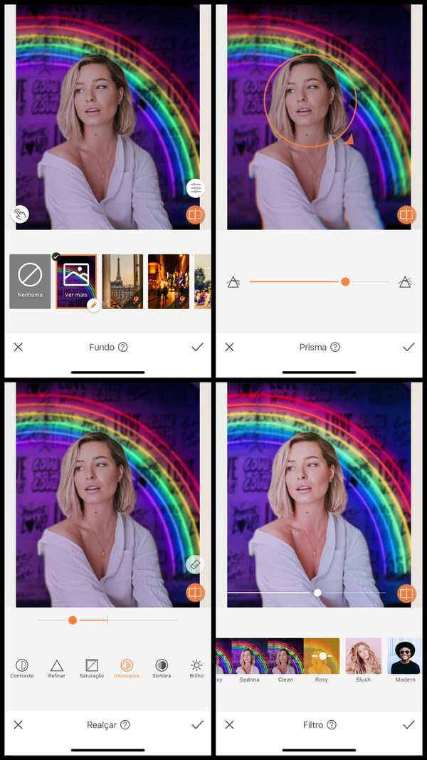 Tutorial de edição de foto de uma mulher branca em frente a um letreiro com cores de arco-íris