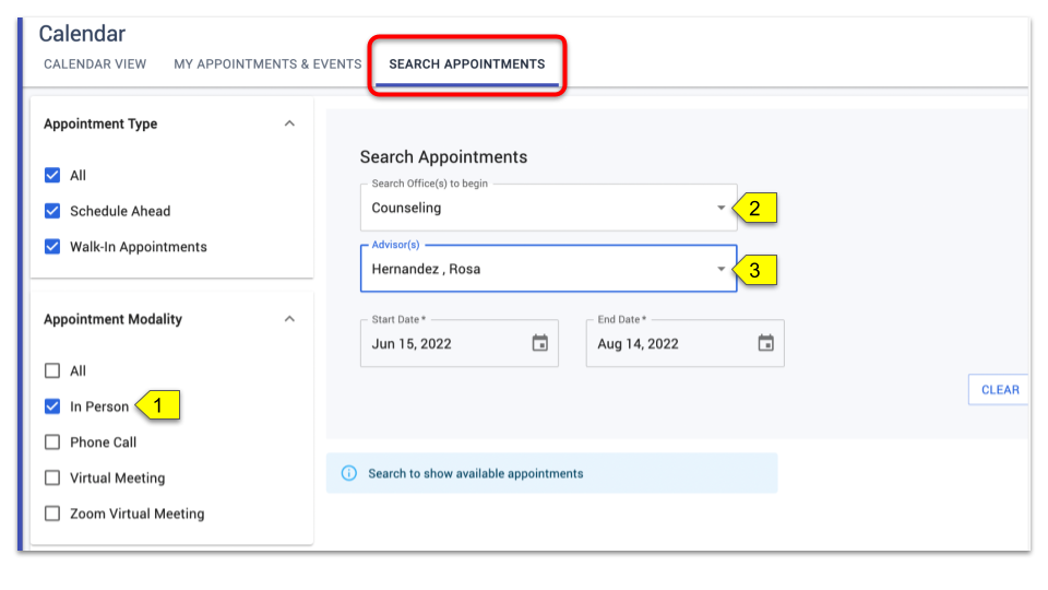 Search for appointments by type, office, and advisor