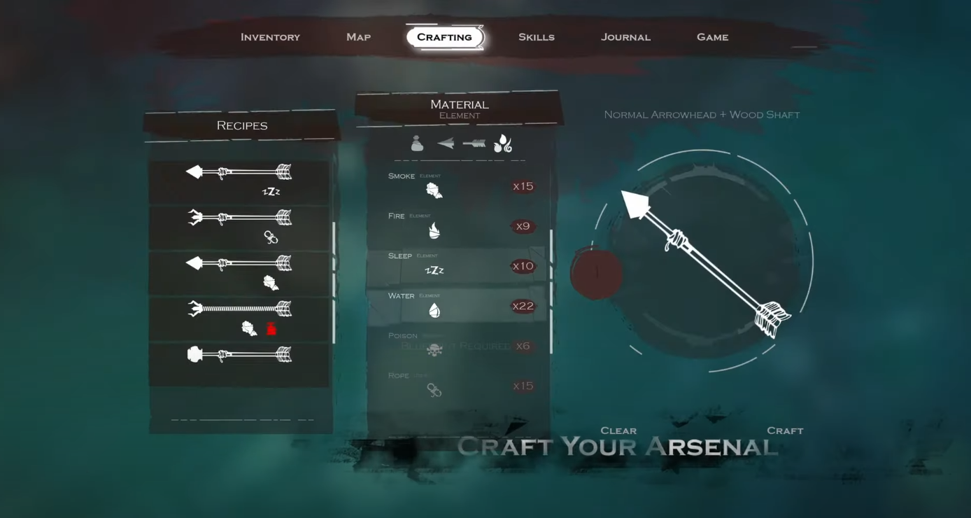 Crafting options available. Craft arrows and equipment based on your needs.