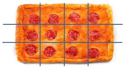 4 personas reparten una pizza rectangular a partes iguales con 5 cortes  rectos ¿cómo lo hacen?