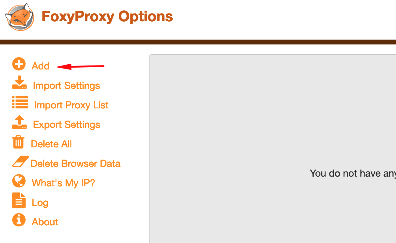 FoxyProxy options in Firefox highlighting the Add button.