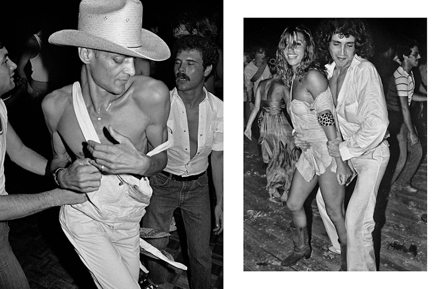 The facing pages of Last Dance shows how you can play with image sizes and the subject of the images to tell a story without words. These black and white images show people on dance floors in different contexts.