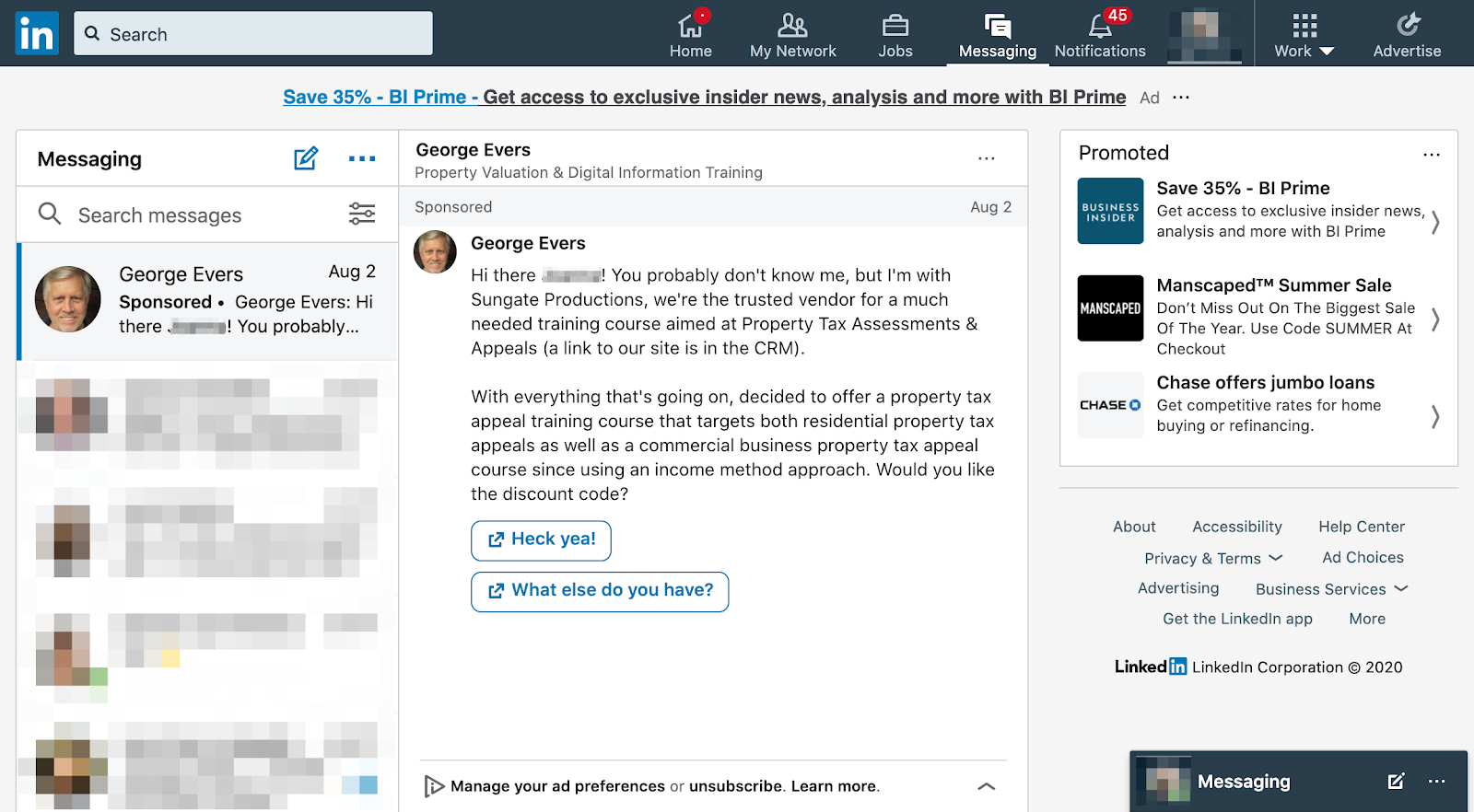 Screenshot of LinkedIn Sponsored Messaging in the user's inbox.