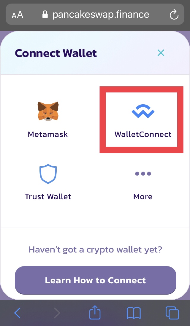 WalletConnet button in PancakeSwap mobile version