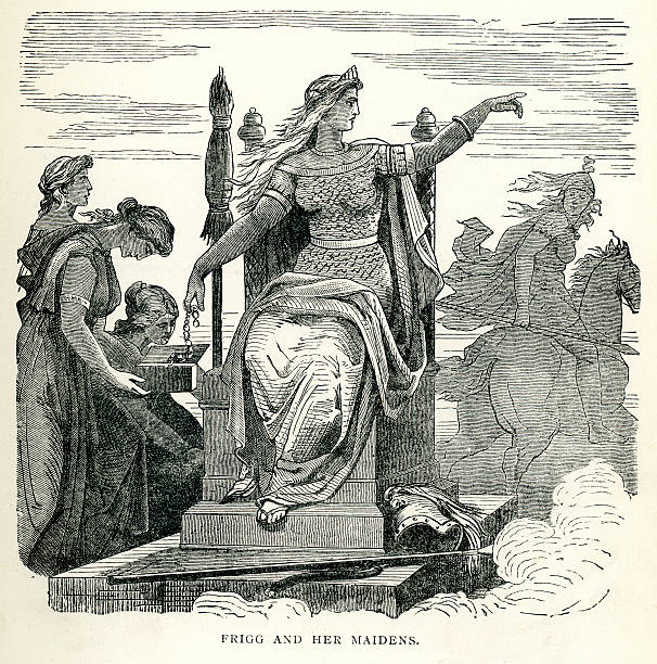 Her maidens stand nearby her throne as Frigg sits atop her throne. There is a lady on horseback in the background. 
