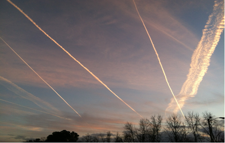 The image shows a sky with a persistent, spreading contrail and four persistent, non spreading contrails.