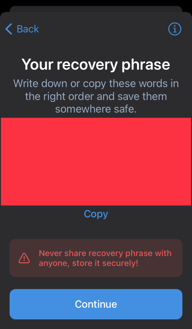 Recovery phrase display in Trust wallet