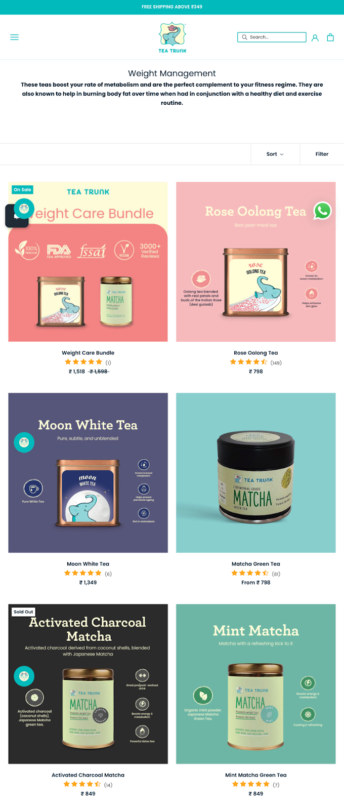 Mental Wellness Brands for World Mental Health Day–A screenshot from Tea Trunk’s website of their ‘Weight Management’ teas. The page description is, “These teas boost your rate of metabolism and are the perfect complement to your fitness regime. They are also known to help in burning body fat over time when had in conjunction with a healthy diet and exercise routine.”