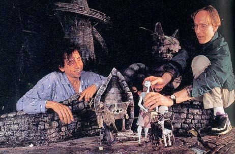 Tim Burton and Henry Selick working on "The Nightmare Before Christmas".