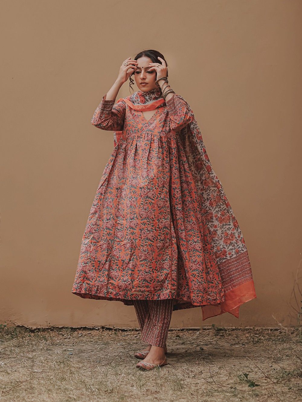 the loom - Rust Hand Block Printed Cotton Anarkali Suit
