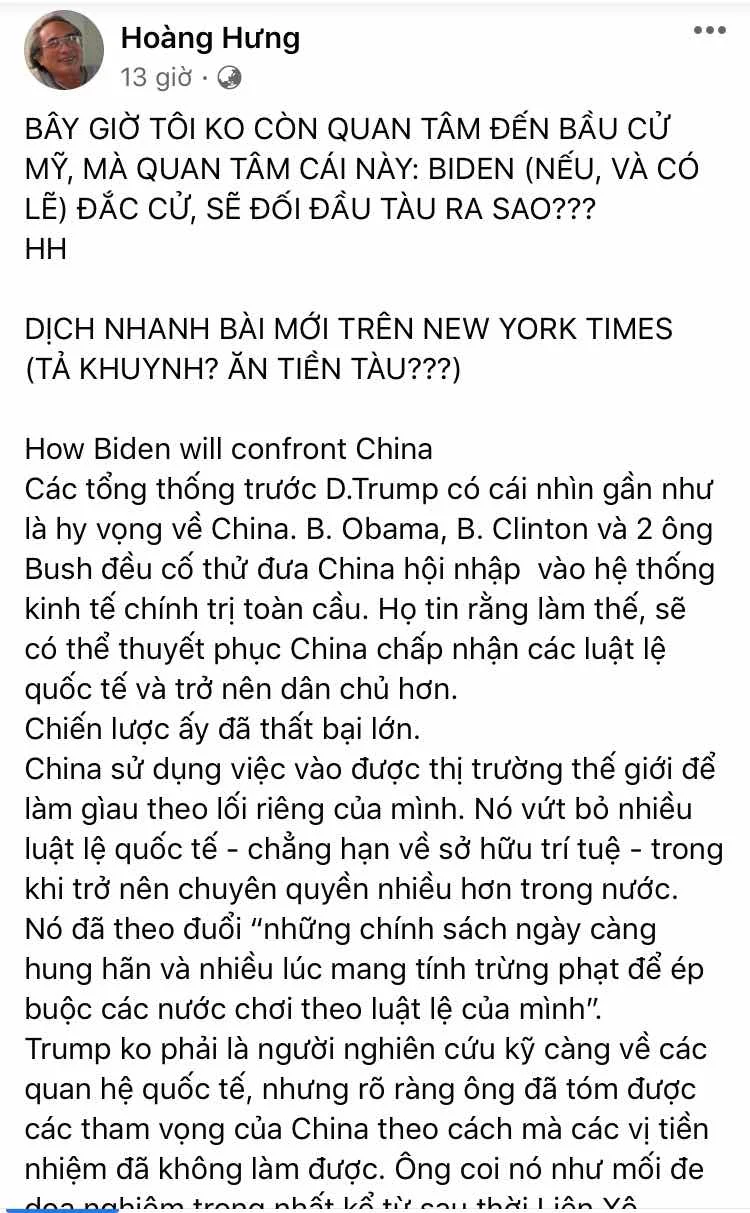 BÂY GIỜ TÔI KO CÒN QUAN TÂM ĐẾN BẦU CỬ MỸ, MÀ QUAN TÂM CÁI NÀY: BIDEN (NẾU, VÀ CÓ LẼ) ĐẮC CỬ, SẼ ĐỐI ĐẦU TÀU RA SAO? DỊCH NHANH BÀI MỚI TRÊN NEW YORK TIMES (TẢ KHUYNH? ĂN TIỀN TÀU???)