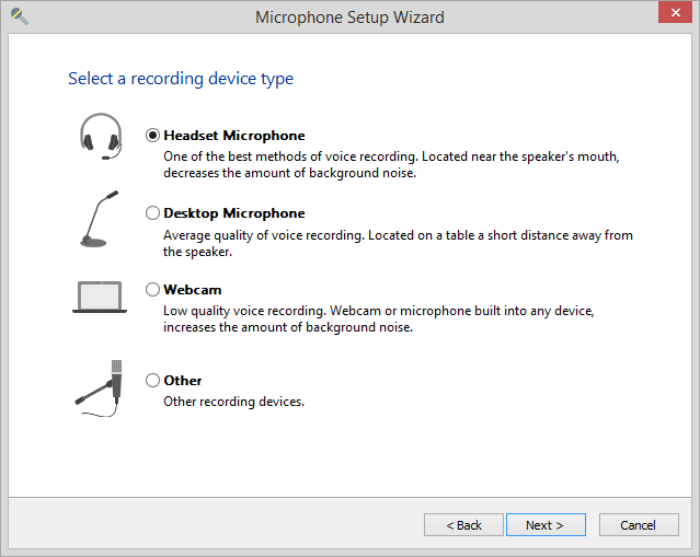 Microphone Setup Wizard in iSpring Manage Narration, selecting a recording device type