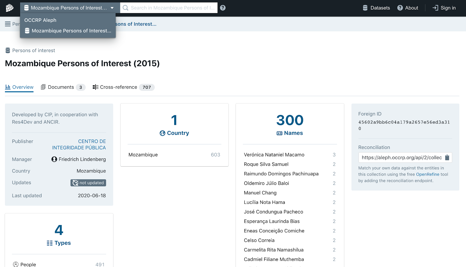 Screenshot showing dropdown in front of search box that aids in navigating datasets