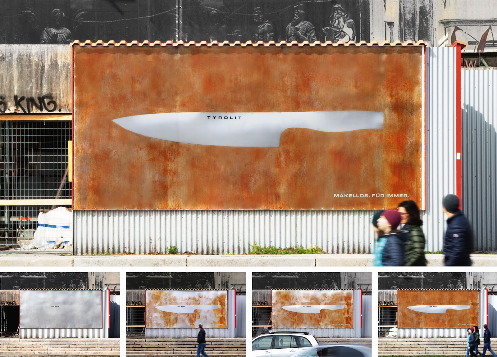 Tyrolit billboard ad campaign with shiny metallic knife in center and rust around the rest of the billboard.