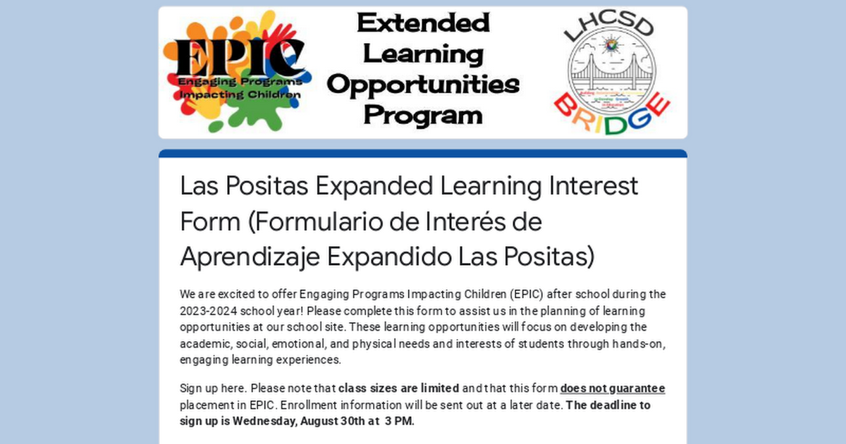 Las Positas Expanded Learning Interest Form (Formulario de Interés de Aprendizaje Expandido Las Positas)