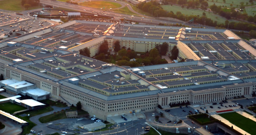 An aerial view of The Pentagon in Washington, D.C., just before the sun sets.