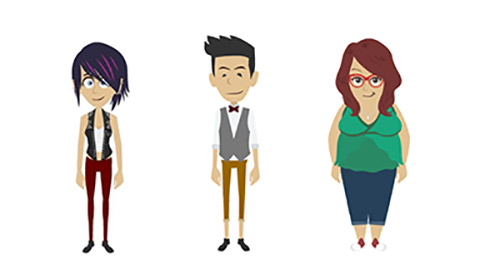 Three cartoon caricatures of students. The first could be considered female of average height and weight. The character has black chin length hair with purple streaks, wide set blue eyes, and light skin. They are wearing a white sleeveless top under a black vest with red pants and black shoes. 

The second caricature could be considered male of average build with brown hair, smaller set black eyes, and light skin. They are wearing a white long sleeve shirt, rolled at the sleeves under a light grey vest, bowtie, brown pants and black shoes.

The third caricature could be considered female of larger build with redish hair, brown eyes, and light skin. They are wearing red glasses, a pendant necklace, green top, jeans, and white shoes.
