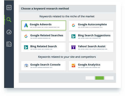 Rank Tracker consolidates data from Google Ads Planner, Autocomplete, Related Questions, and Google Analytics.