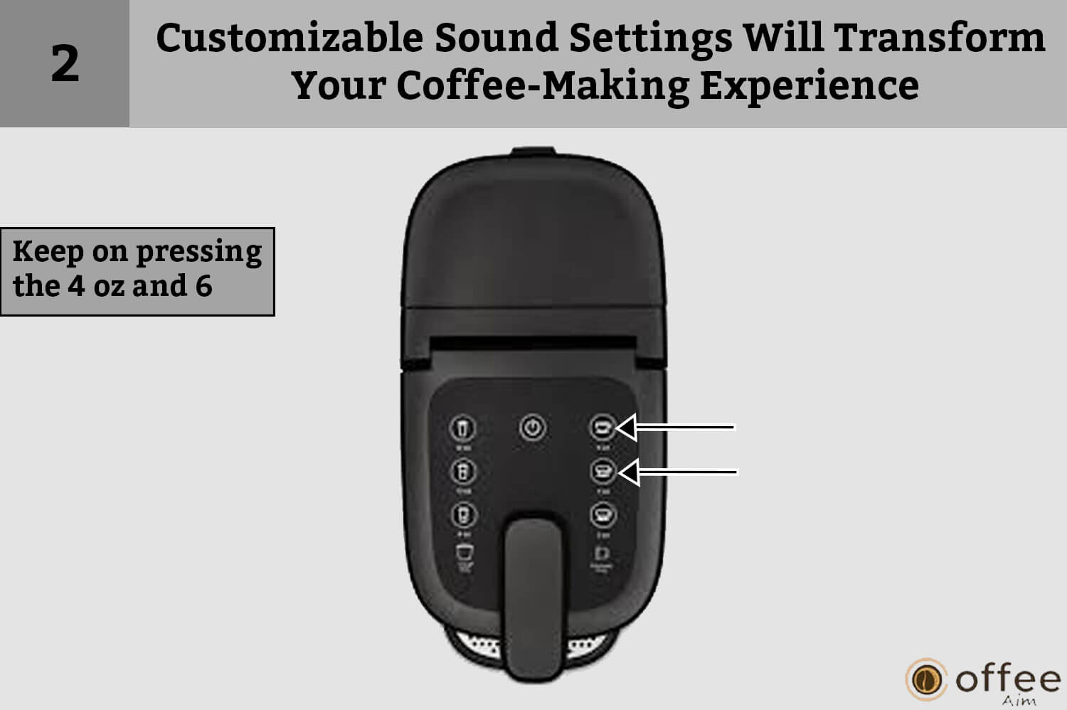 This image illustrates the process of "pressing the 4 oz and 6 oz" within the Customizable Sound Settings, showcasing how it can enhance your coffee-making experience. It's part of our article on "How to Connect the Nespresso Vertuo Creatista Machine."