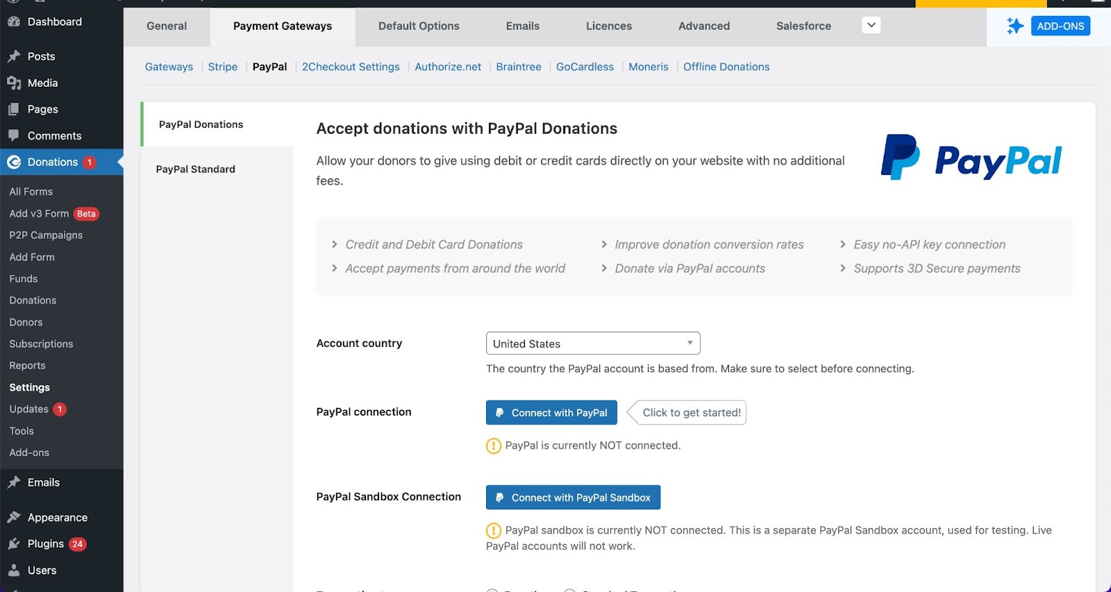 Connect to PayPal directly from within the GiveWP settings.