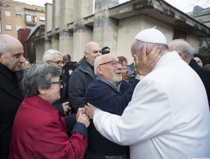 Pope Francis makes a surprise visit to the retirement home Bruno Buozzi on Jan. 15.