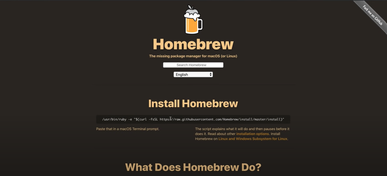 he homepage of Homebrew, featuring the installation link