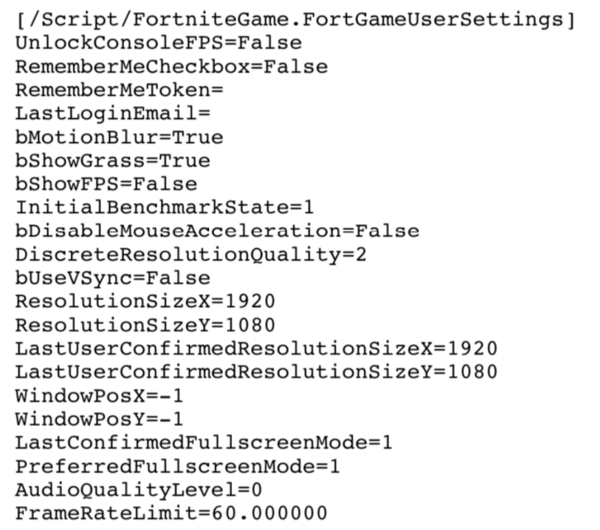 Пример файла конфигурации (.ini файла) из Fortnite