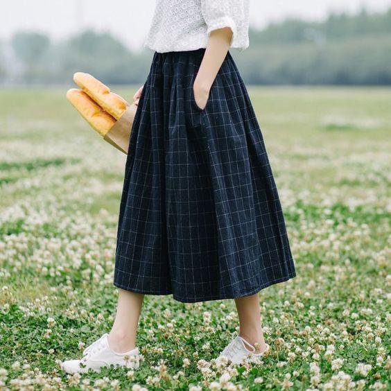 Retro plaid pocket Elastic waist pocket loose A-Line skirt mori girl 2018 spring #skirtoutfits