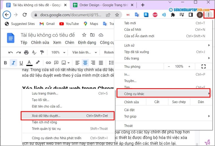 Mở cửa sổ Xóa dữ liệu duyệt web