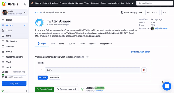 GIF of a screen recording of a user filling out the input schema for Twitter Scraper and running the actor