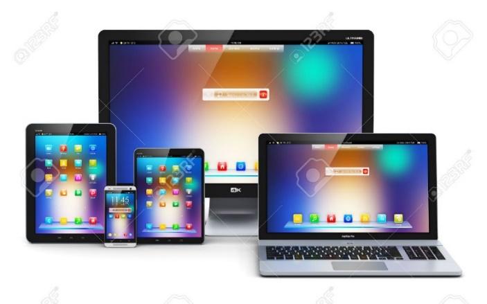Creative Abstract Computer Technology, Mobility And Communication Business  Concept: Laptop, Notebook Or Netbook PC, Mini Tablet Computer, Touchscreen  Smartphone And Desktop Monitor Display Screen TV Isolated On White  Background Stock Photo, Picture