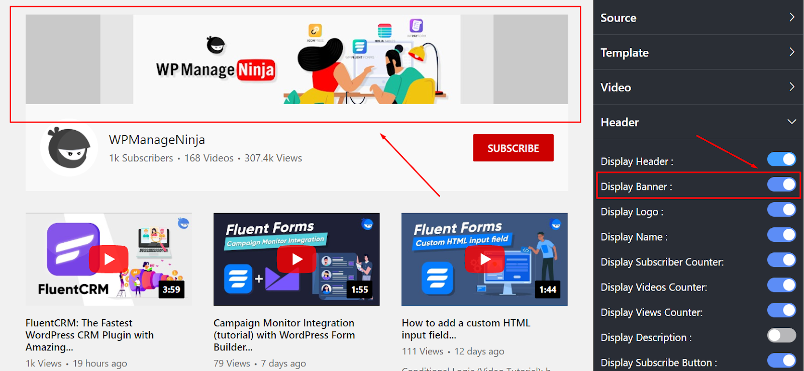 display banner youtube settings