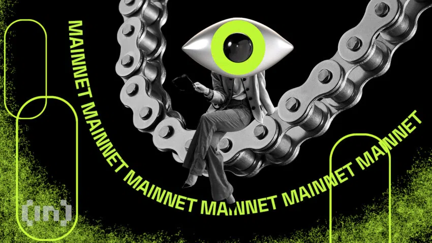 Eine Person mit einem Auge als Kopf sitzt auf einer Kette, die in der Luft wie eine Schaukel hängt. Darunter steht das Wort “MAINNET” 6 mal - Ein Bild von BeInCrypto.com.