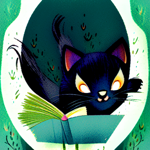 a scared black cat looking at an open book containing free bedtime stories for kids