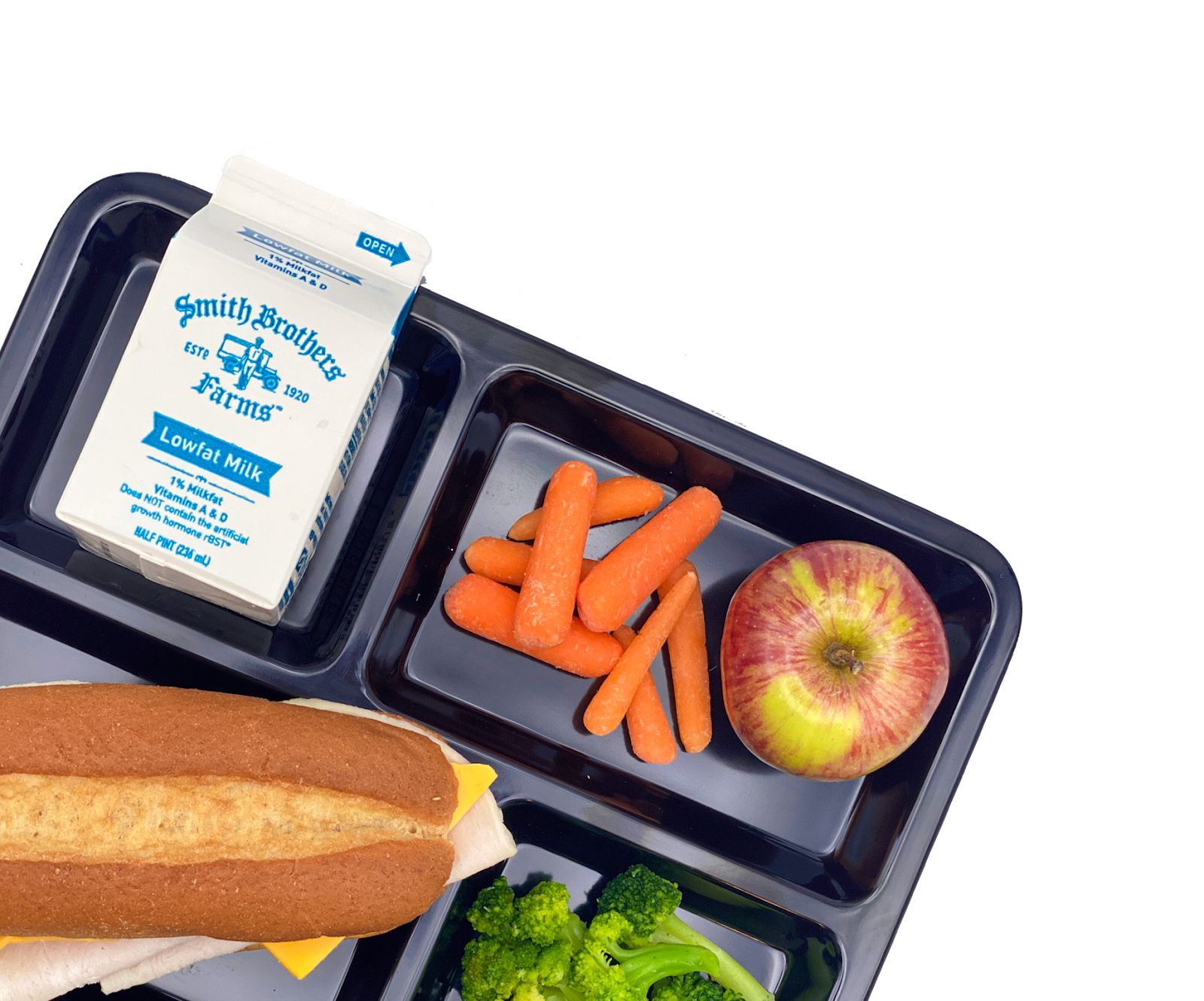Photo of school meal try with a sandwich, milk, baby carrots, apple, and broccoli