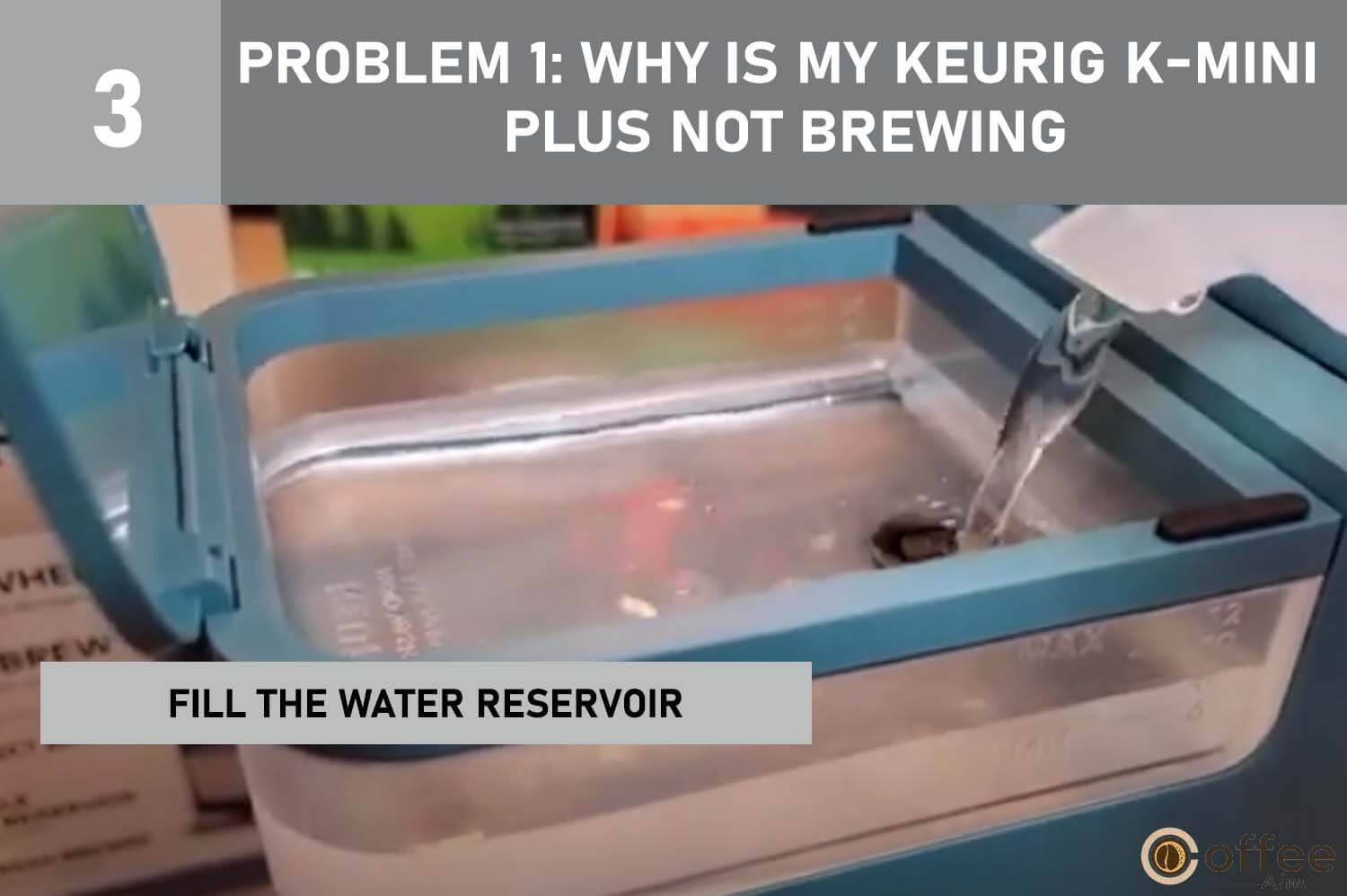This image provides instructions on "Filling the Water Reservoir" as part of Problem 1: "Why Is My Keurig K-Mini Plus Not Brewing?" in our article "Keurig K-Mini Plus Problems."