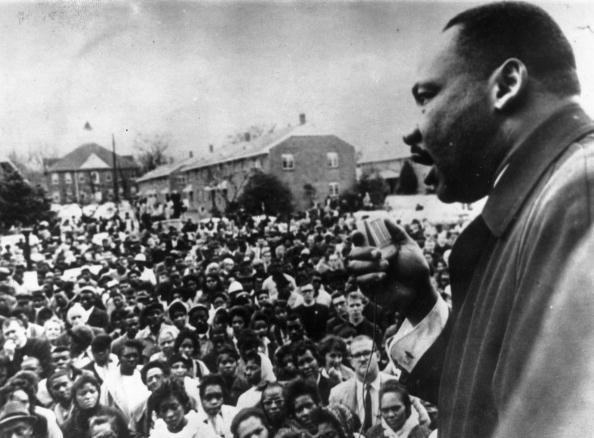 "April 1965: Dr Martin Luther King (1929 - 1968) addresses civil rights marchers in Selma, Alabama. (Photo by Keystone/Getty Images)" -- Image Date: 4/1/1965 -- Image Date: 4/1/1965