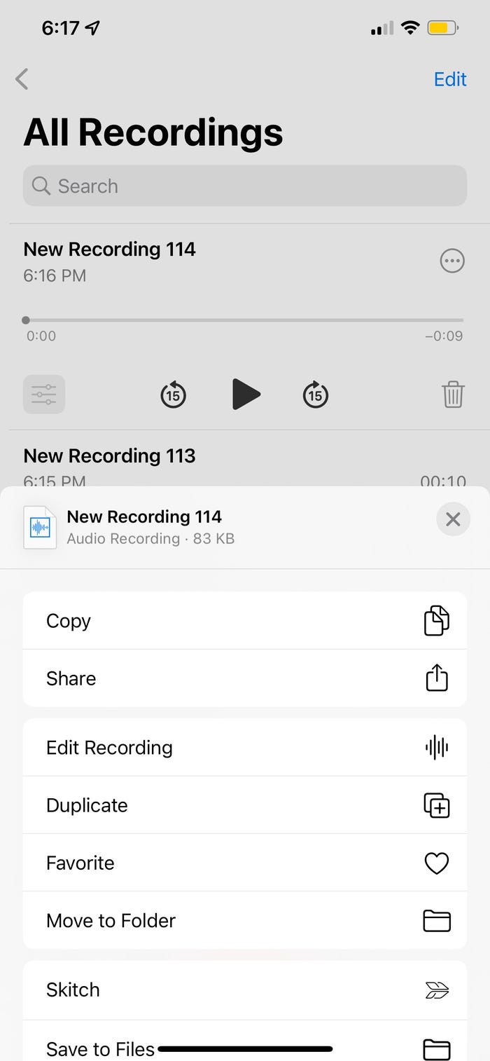 Screenshot of the Voice Memo app options with both edit and share options visible.