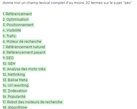 exemple de champ lexical obtenu avec OpenAI pour le SEO