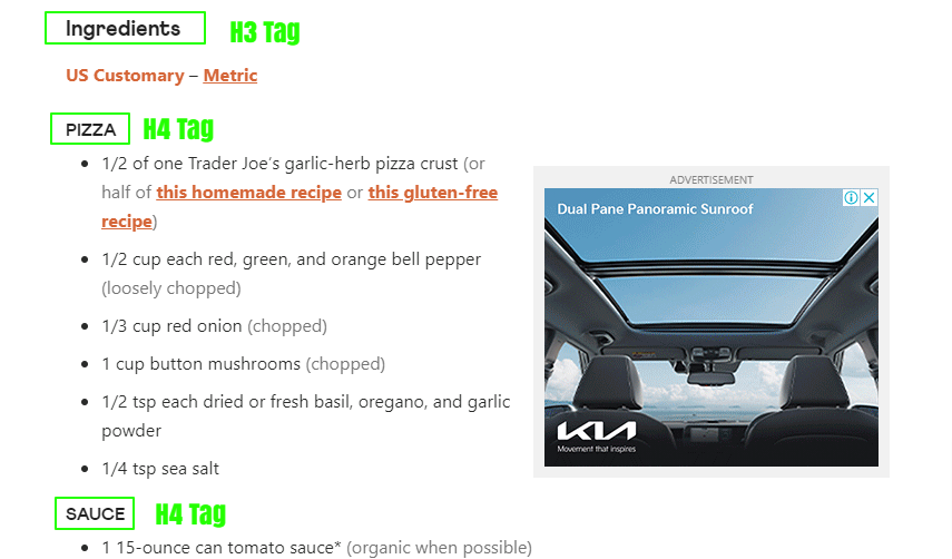 h2, h3, h4 tag screenshot, content structure example