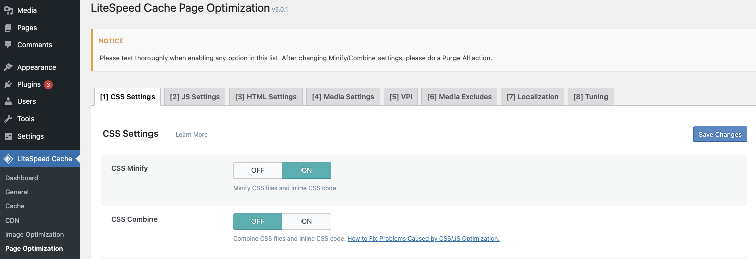 Página de configurações do plugin LiteSpeed cache para otimização do site