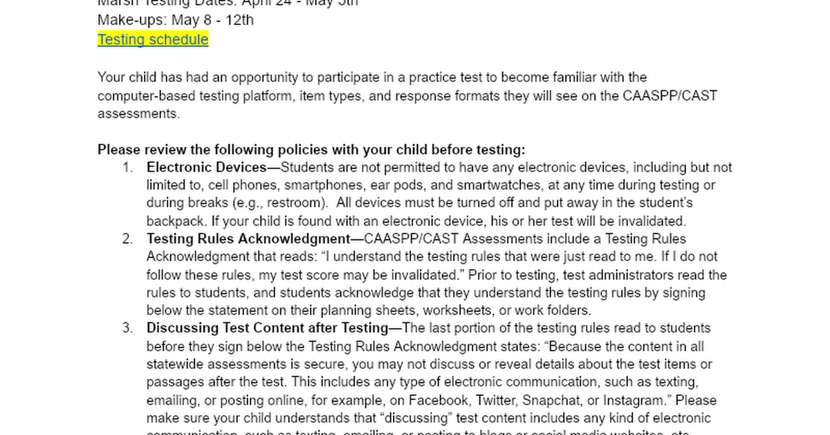 Dear Parent/Guardian, Testing letter