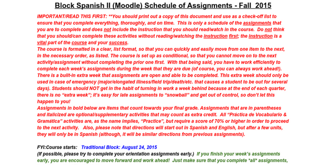 Block Spanish II Schedule of Assignments - Moodle Fall 2015