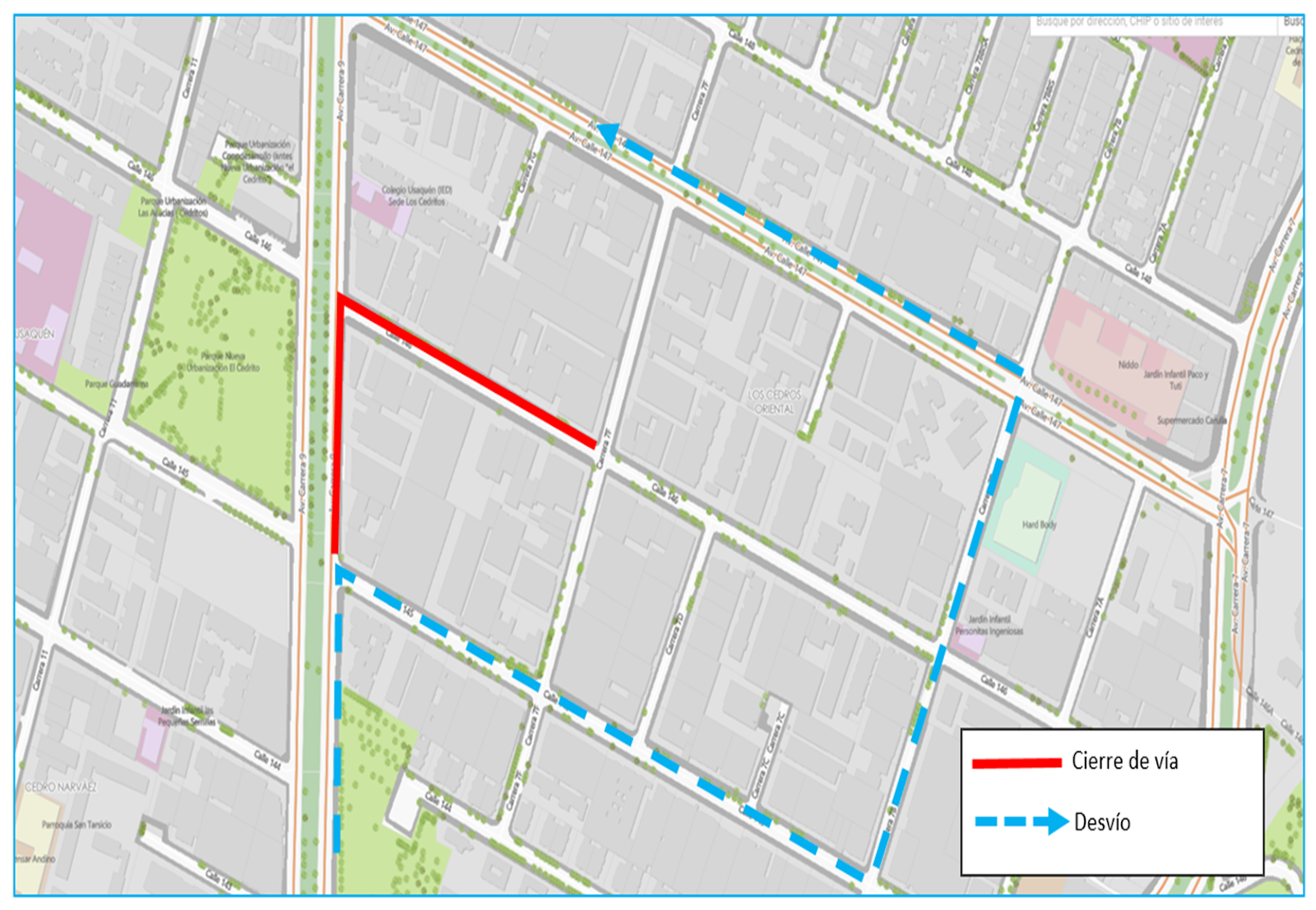 Mapa del cierre total de la Av. Novena entre calle 146 y 147 en el sentido sur-norte desde las 6:00 p.m. del sábado 28 de mayo hasta las 6:00 p.m. del día domingo.