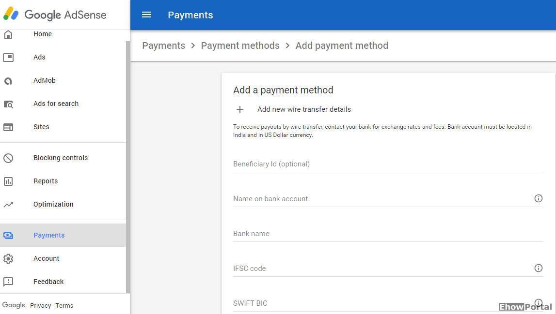 Google Adsense Payment Method