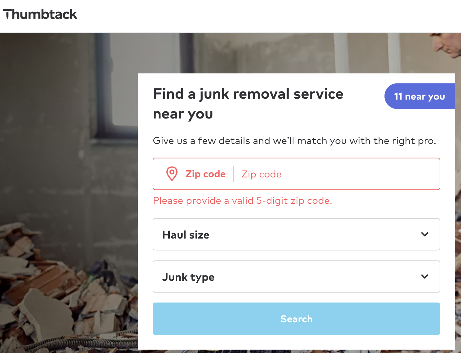 Thumbtack Junk Removal Search Tool