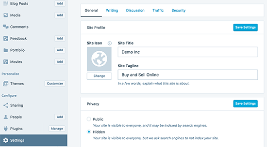 Painel de configurações no aplicativo WordPress