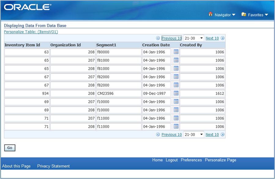 OAF data display from database