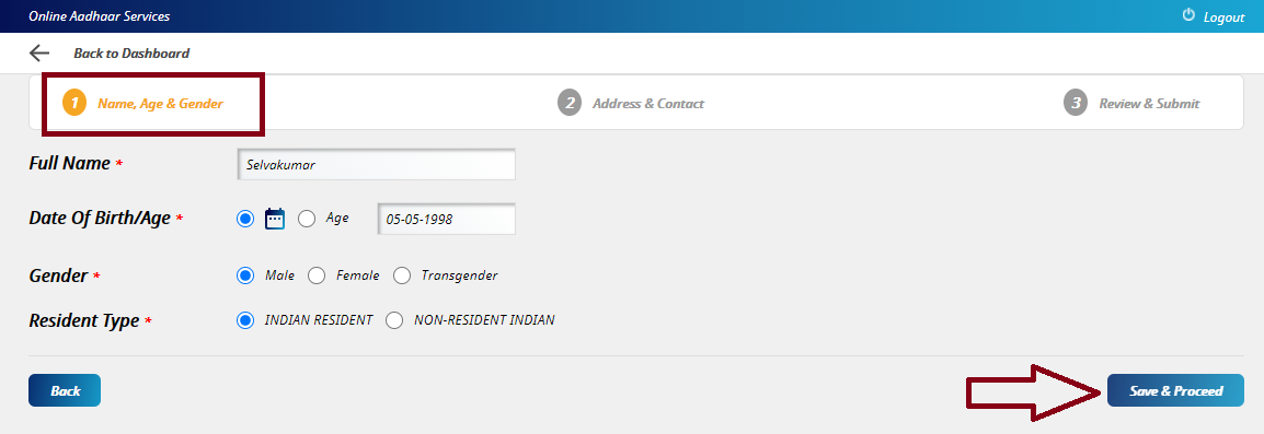 Enter Your Details and Click Save & Proceed - New Aadhaar Card Apply Online