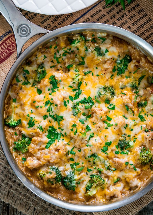 Cheesy Chicken Broccoli Rice Casserole in a skillet right out of the oven